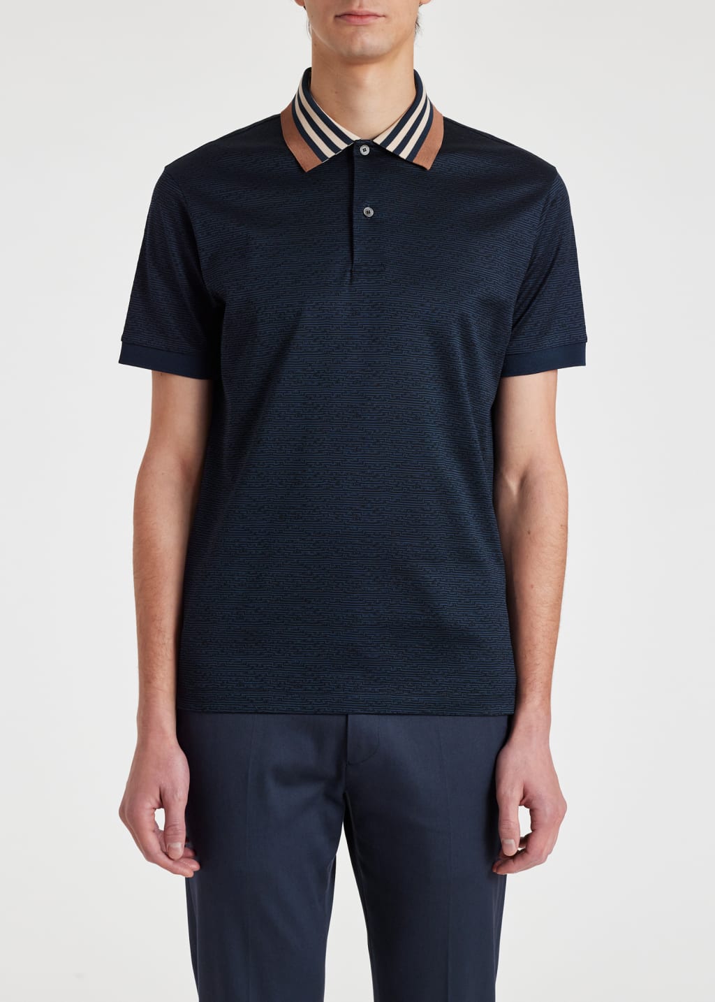 Model View - Navy Contrast Collar Cotton Polo Shirt Paul Smith