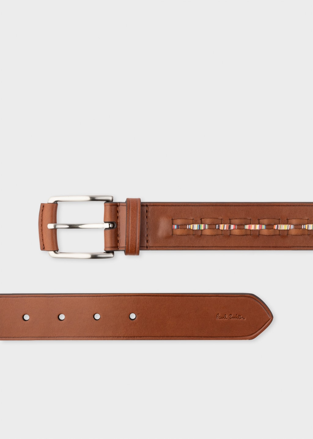 Product View - Brown Leather Signature Stripe Weave Belt by Paul Smith