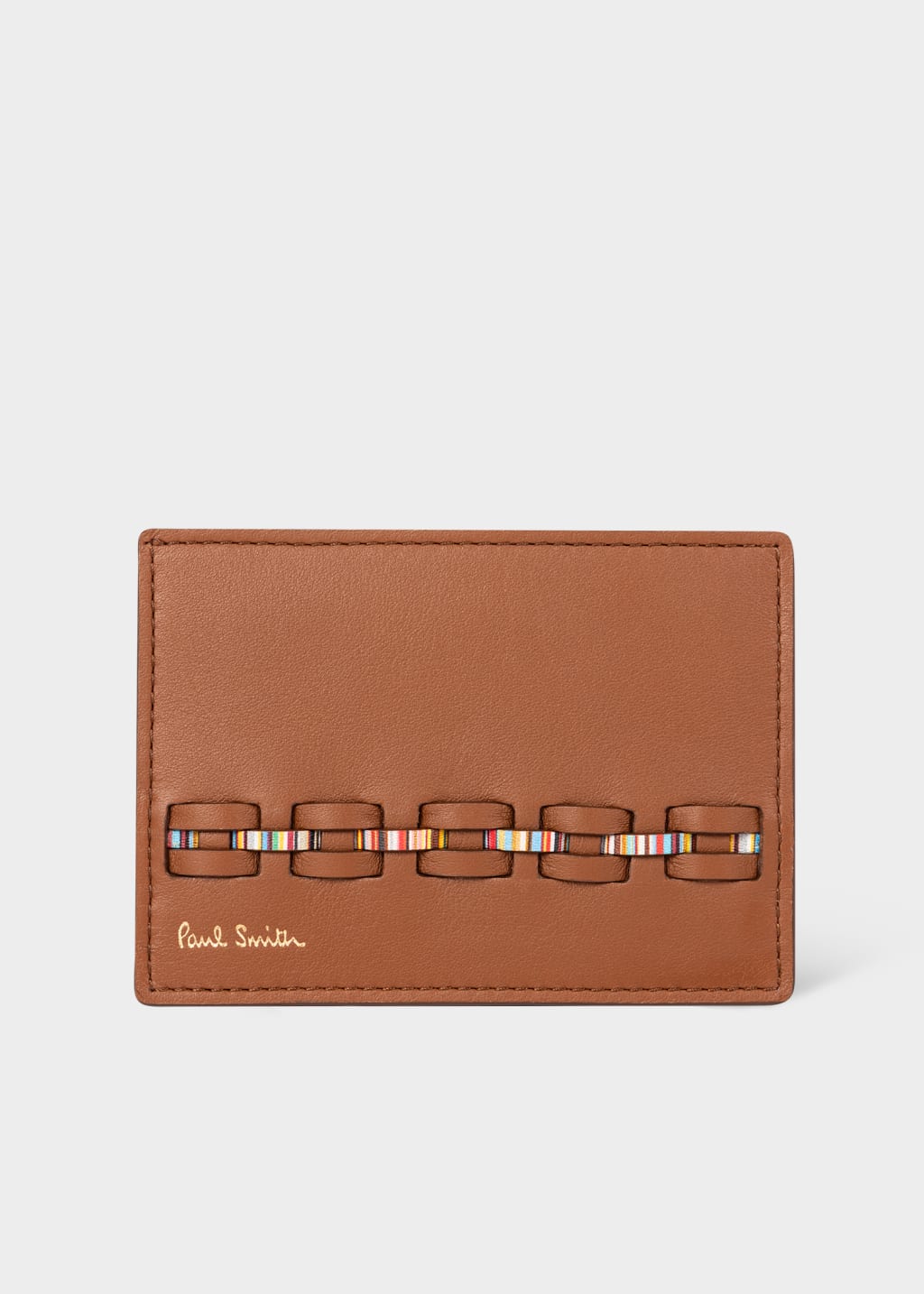 Front View - Brown Woven Front Calf Leather Credit Card Holder Paul Smith