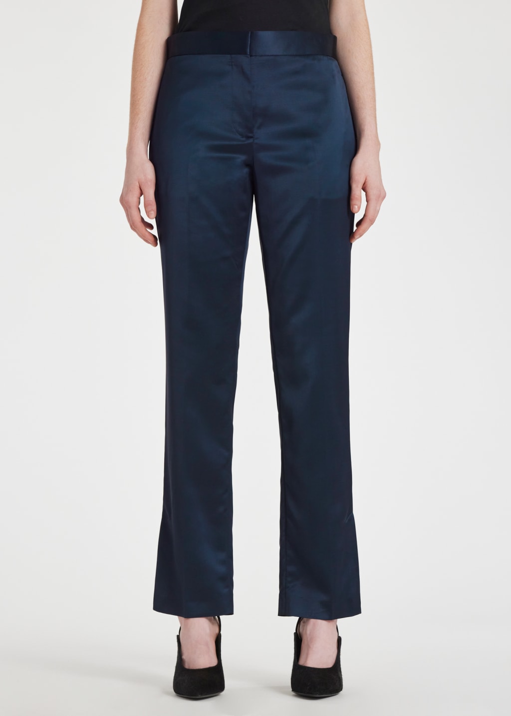 Model View - Women's Navy Satin Kick Flare Trousers by Paul Smith