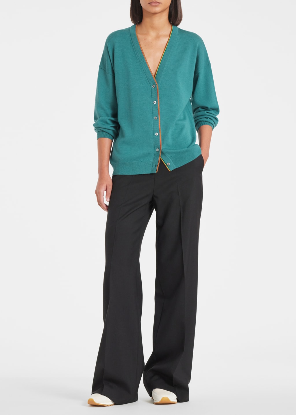 Women's Teal Blue Merino Wool 'Signature Stripe' Cardigan