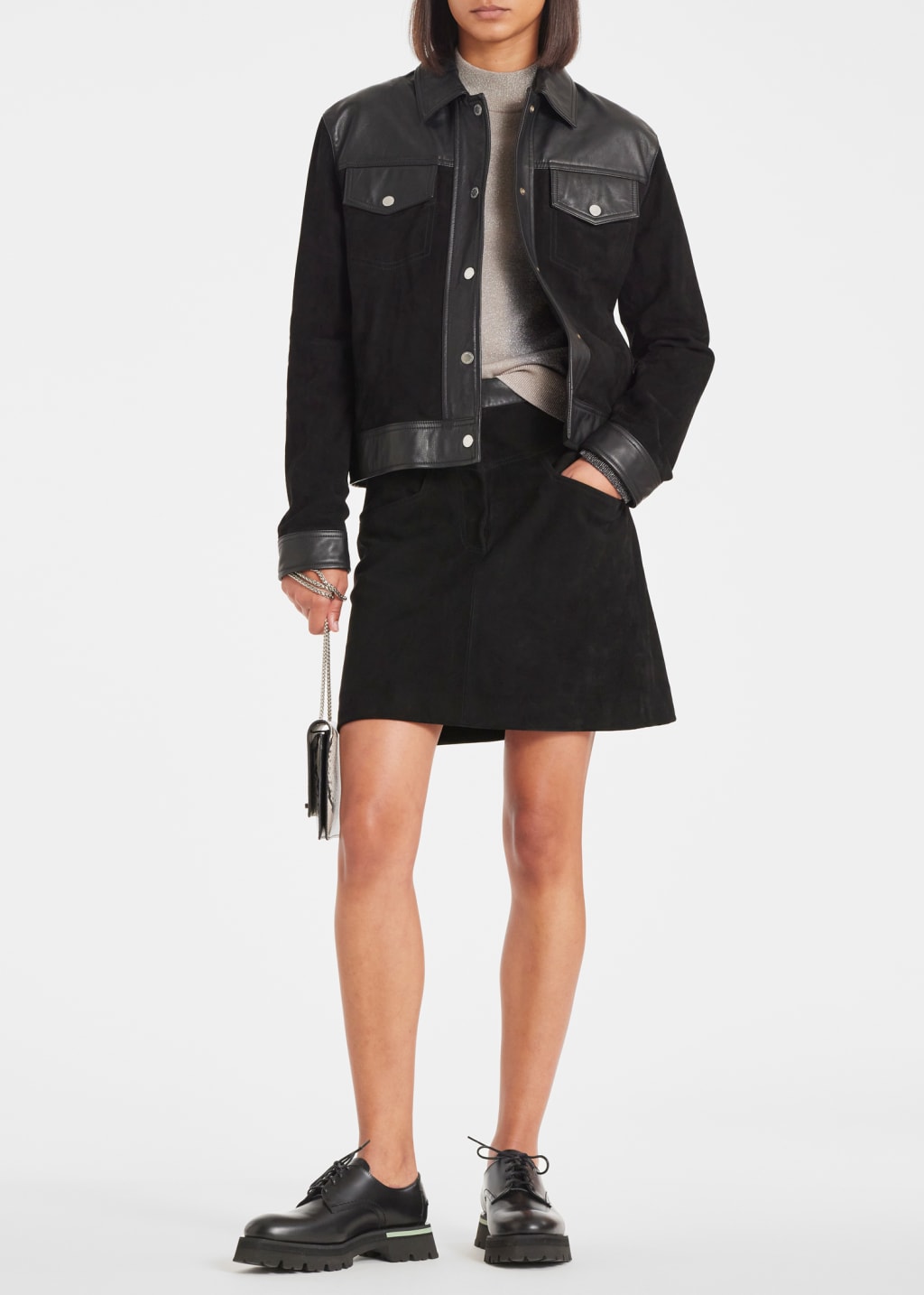 Model View - Women's Black Suede Contrasting Short Skirt Paul Smith