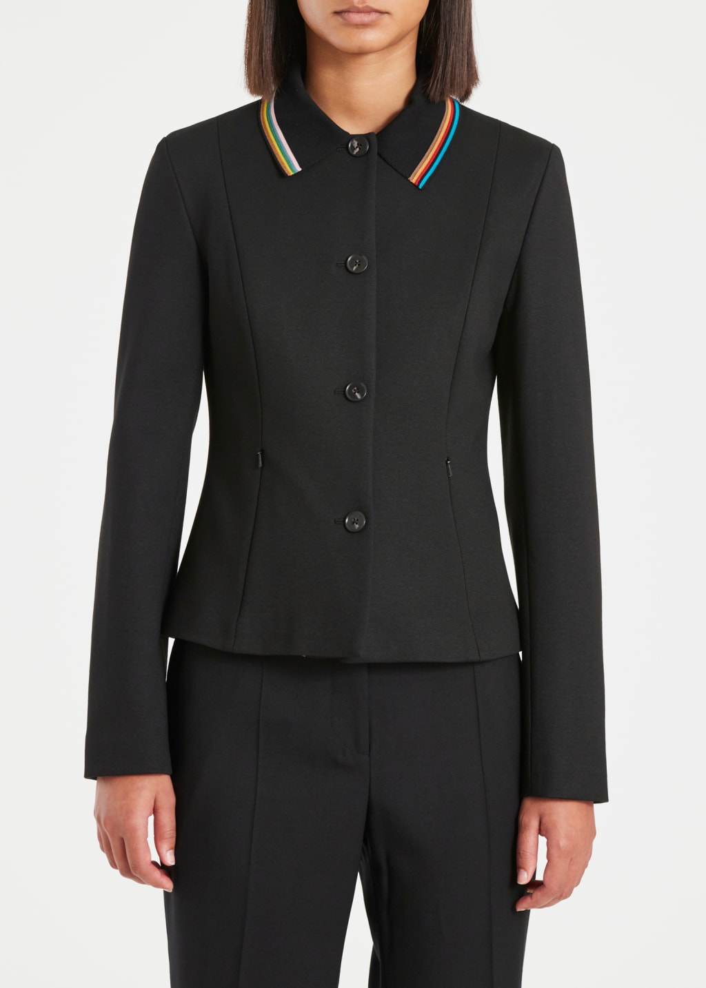Model View - Women's Black 'Signature Stripe' Trim Jacket by Paul Smith