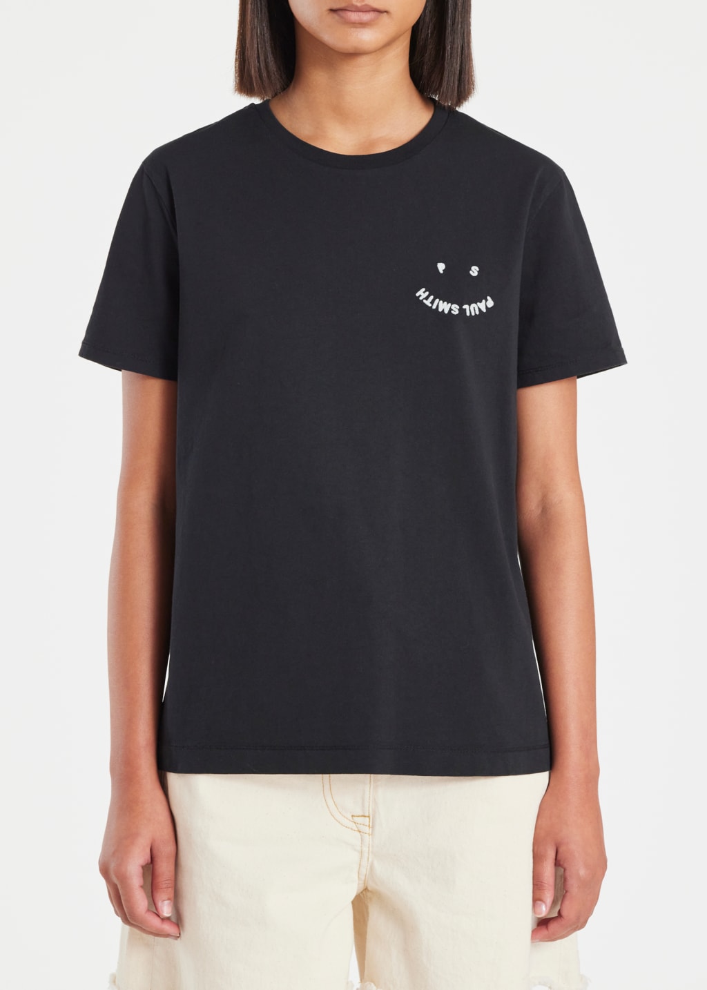 Model View - Women's Black Embroidered 'Happy' Logo T-Shirt by Paul Smith