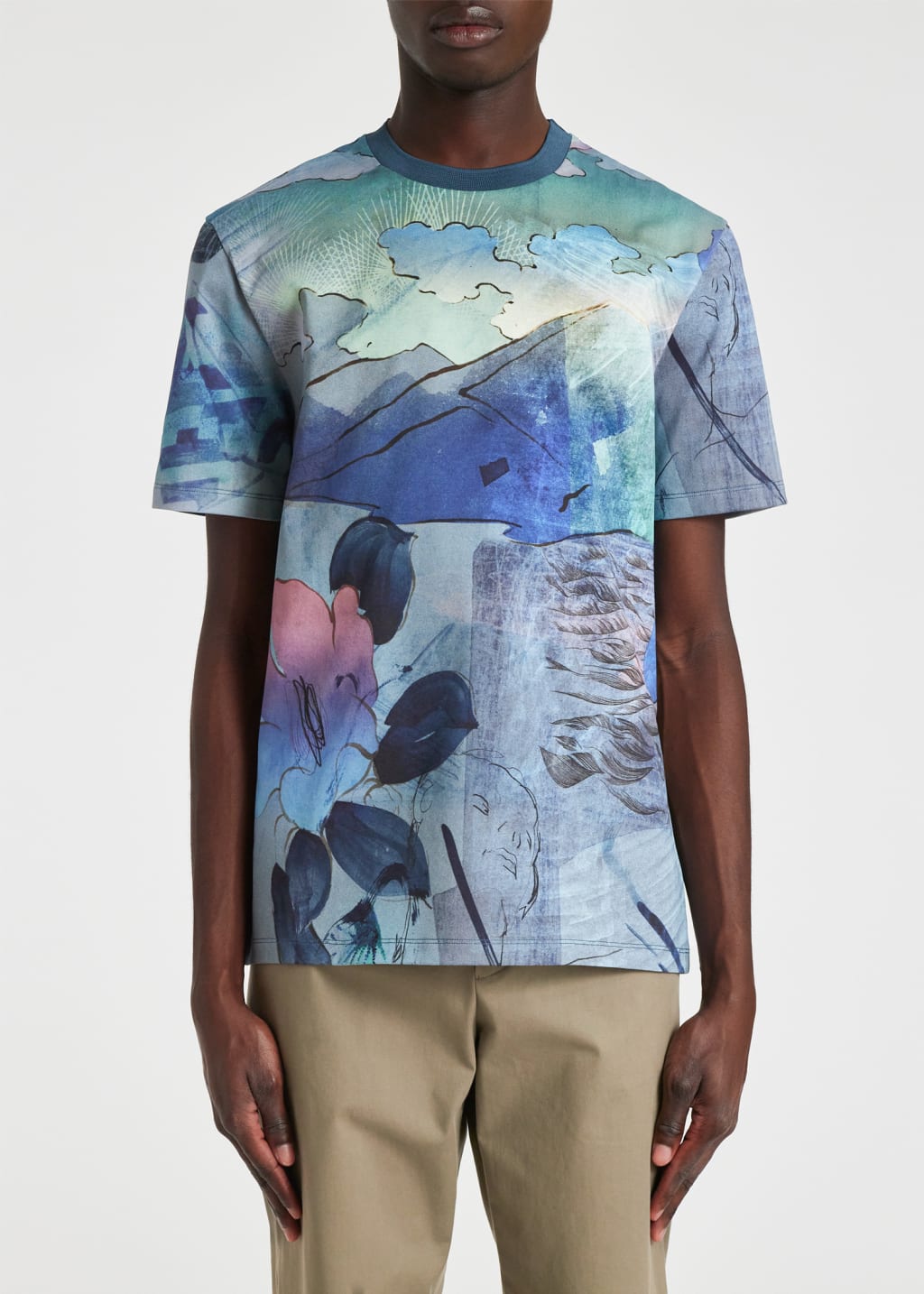 Model View - Blue 'Narcissus' Print Cotton T-Shirt Paul Smith