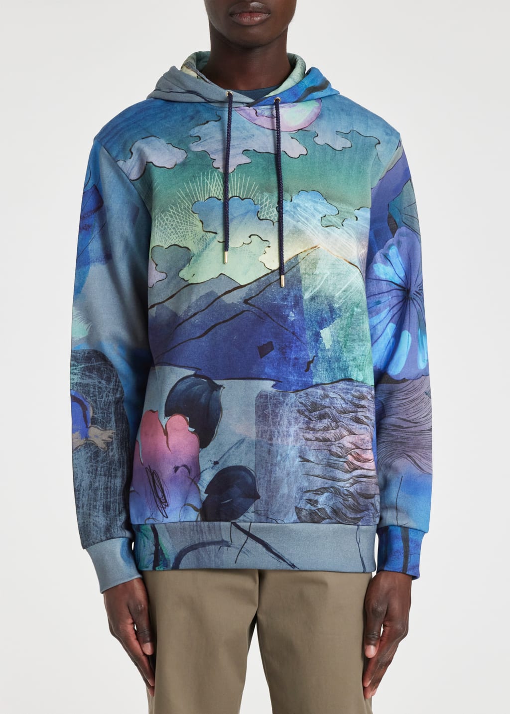 Model View - Blue 'Narcissus' Print Cotton Hoodie Paul Smith