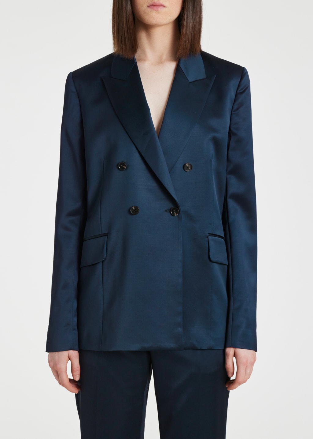 Model View - Women's Navy Satin Double Breasted Jacket by Paul Smith