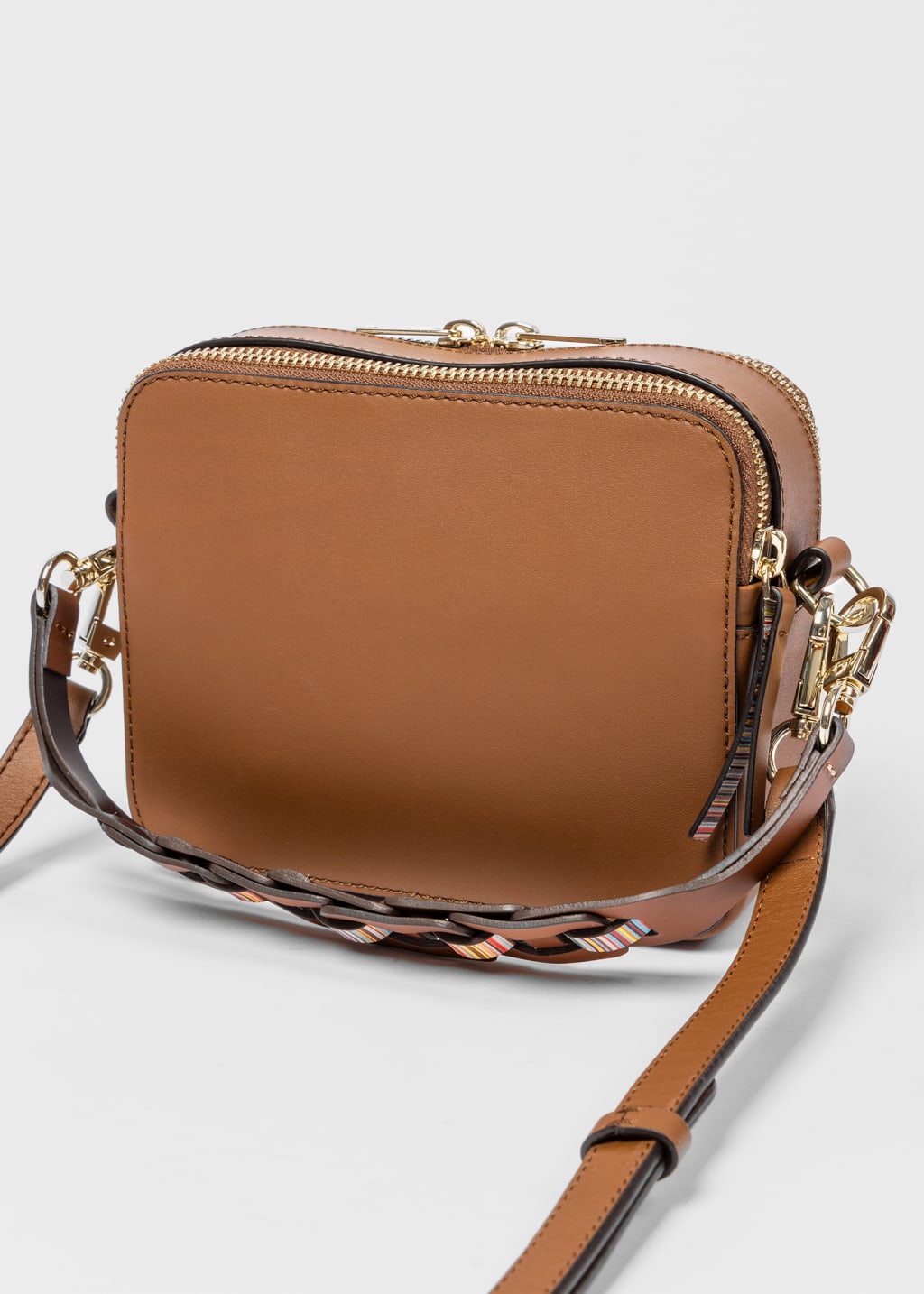 Model view - Women's Tan Leather 'Signature Stripe' Camera Bag