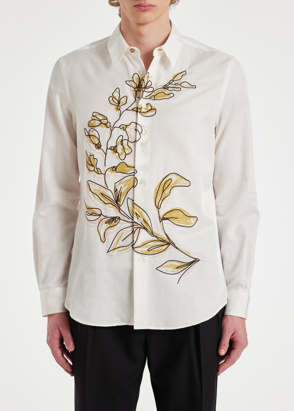 Model View - Ecru Embroidered 'Laurel' Cotton-Blend Shirt Paul Smith