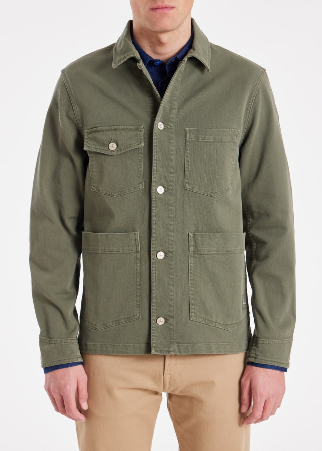Model view - Khaki Green Stretch-Cotton Chore Jacket