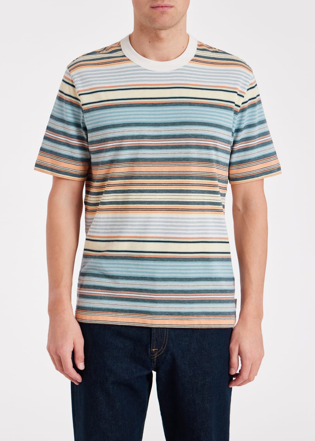 Model View - Blue And Orange Multi-Stripe Cotton T-Shirt Paul Smith