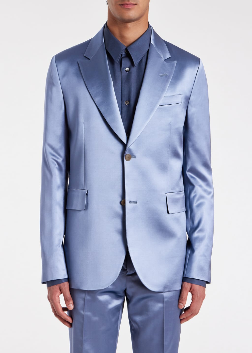 Model View - Men's Dusty Blue Viscose-Wool Satin Blazer