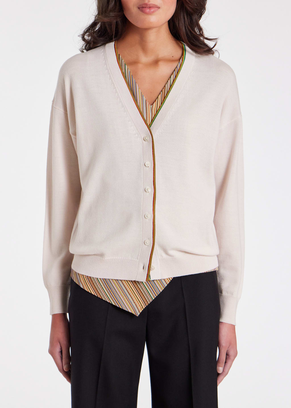 Model View - Women's Ivory Merino Wool 'Signature Stripe' Cardigan Paul Smith