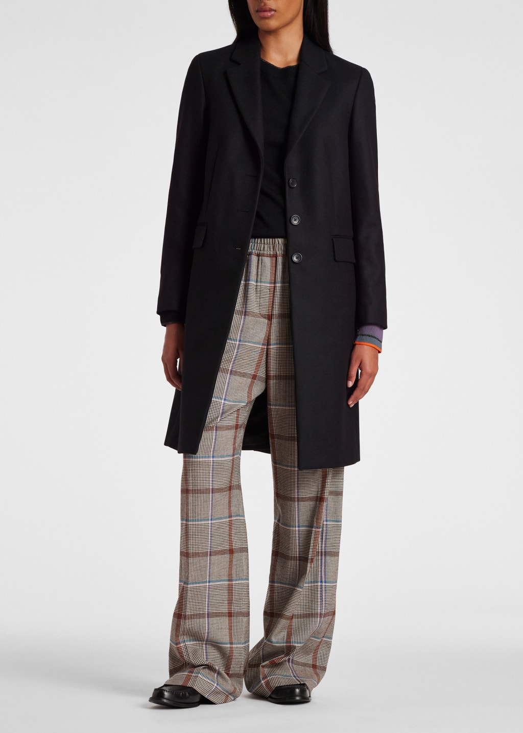 Model View - Women's Black Cashmere-Blend Epsom Coat Paul Smith
