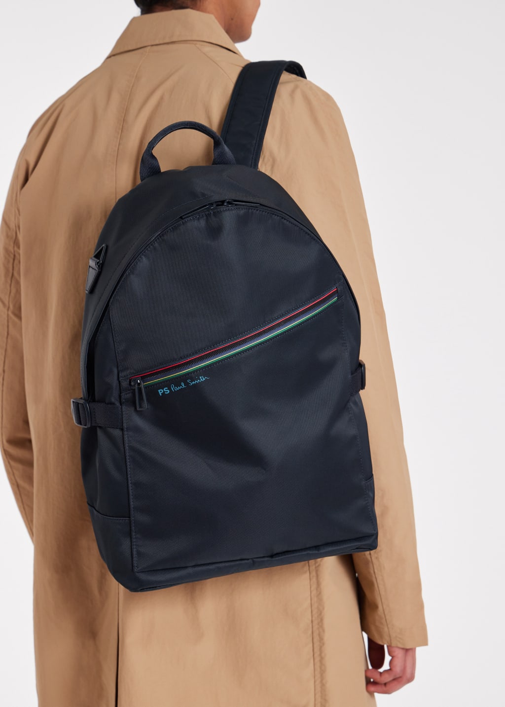 Model View - Navy 'Sports Stripe' Nylon Backpack Paul Smith
