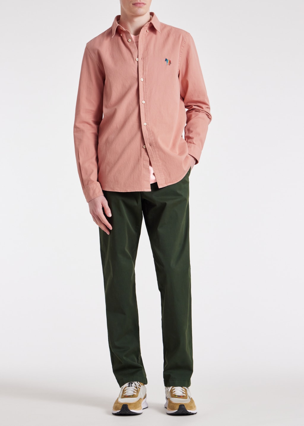Model View - Tapered-Fit Dark Green Organic Cotton-Stretch Chinos Paul Smith