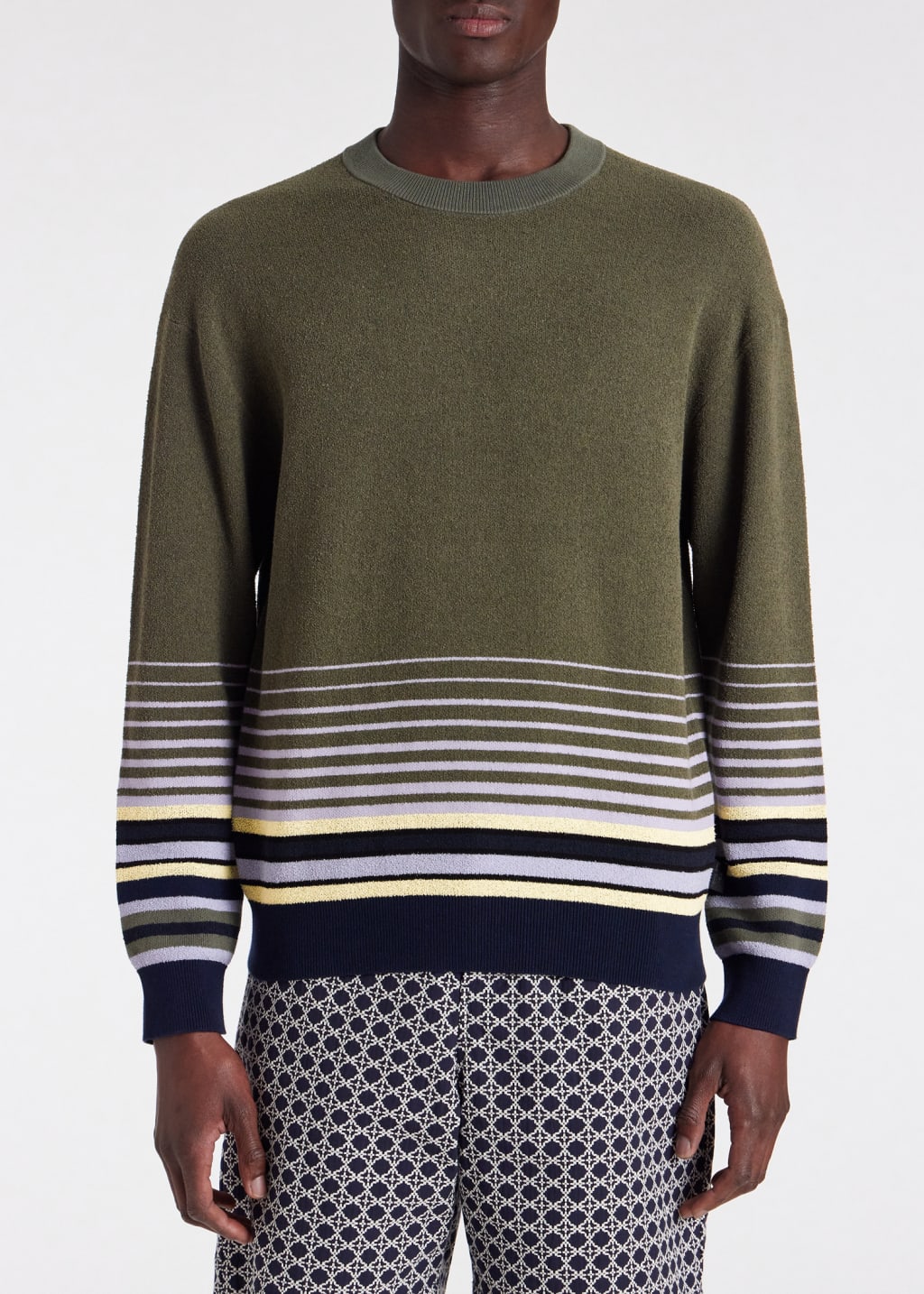 Model View - Khaki Cotton-Blend Stripe Hem Sweater