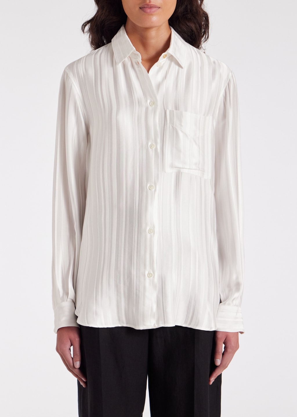 Model View - Women's White 'Shadow Stripe' Shirt Paul Smith