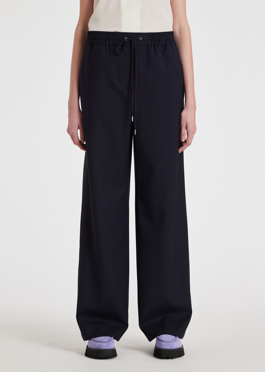 Model View - A Suit To Travel In - Navy Drawstring Wide Leg Trousers by Paul Smith