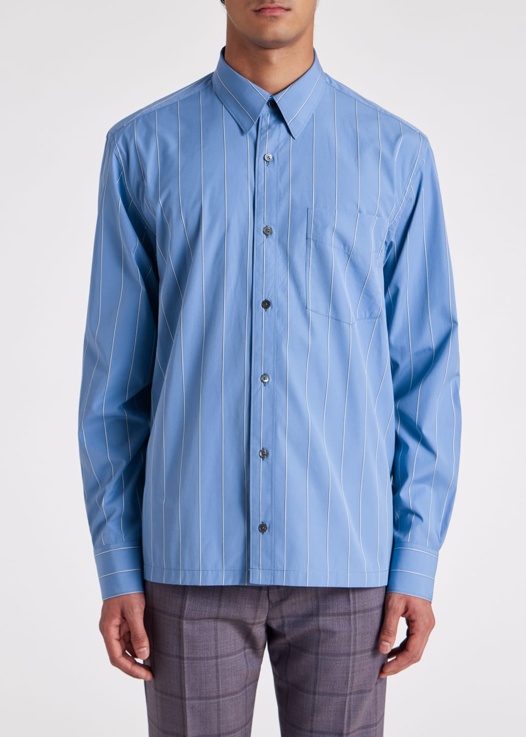 Model View - Blue Oversized Poplin Stripe Shirt Paul Smith