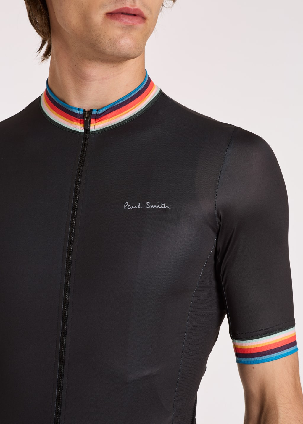 Model View - Men's Black Race Fit Cycling Jersey With 'Artist Stripe' Trims by Paul Smith