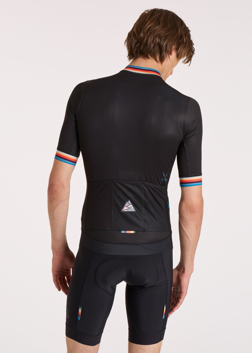 Model View - Men's Black Race Fit Cycling Jersey With 'Artist Stripe' Trims by Paul Smith