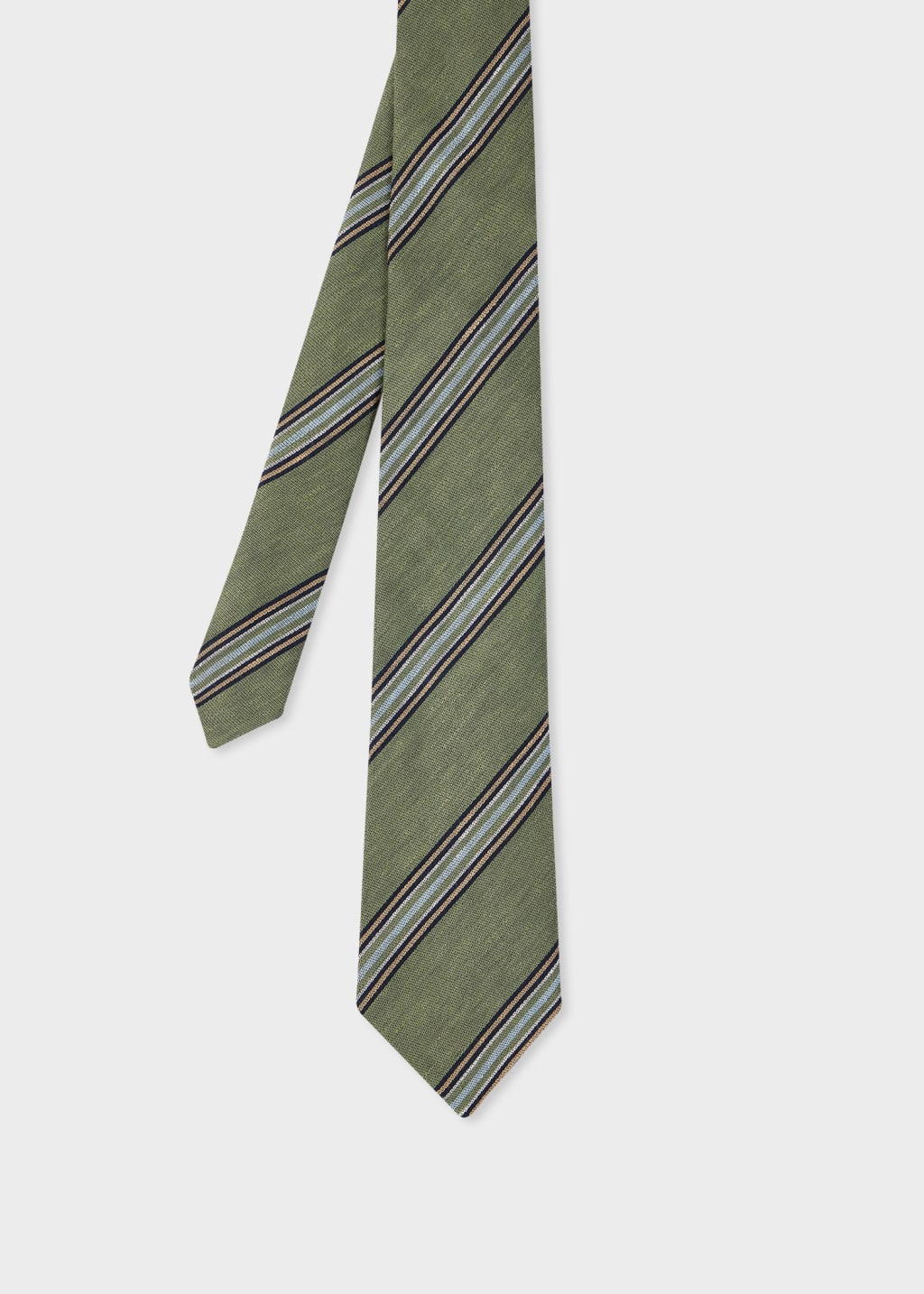 Front View - Green Linen-Blend Block Stripe Tie Paul Smith