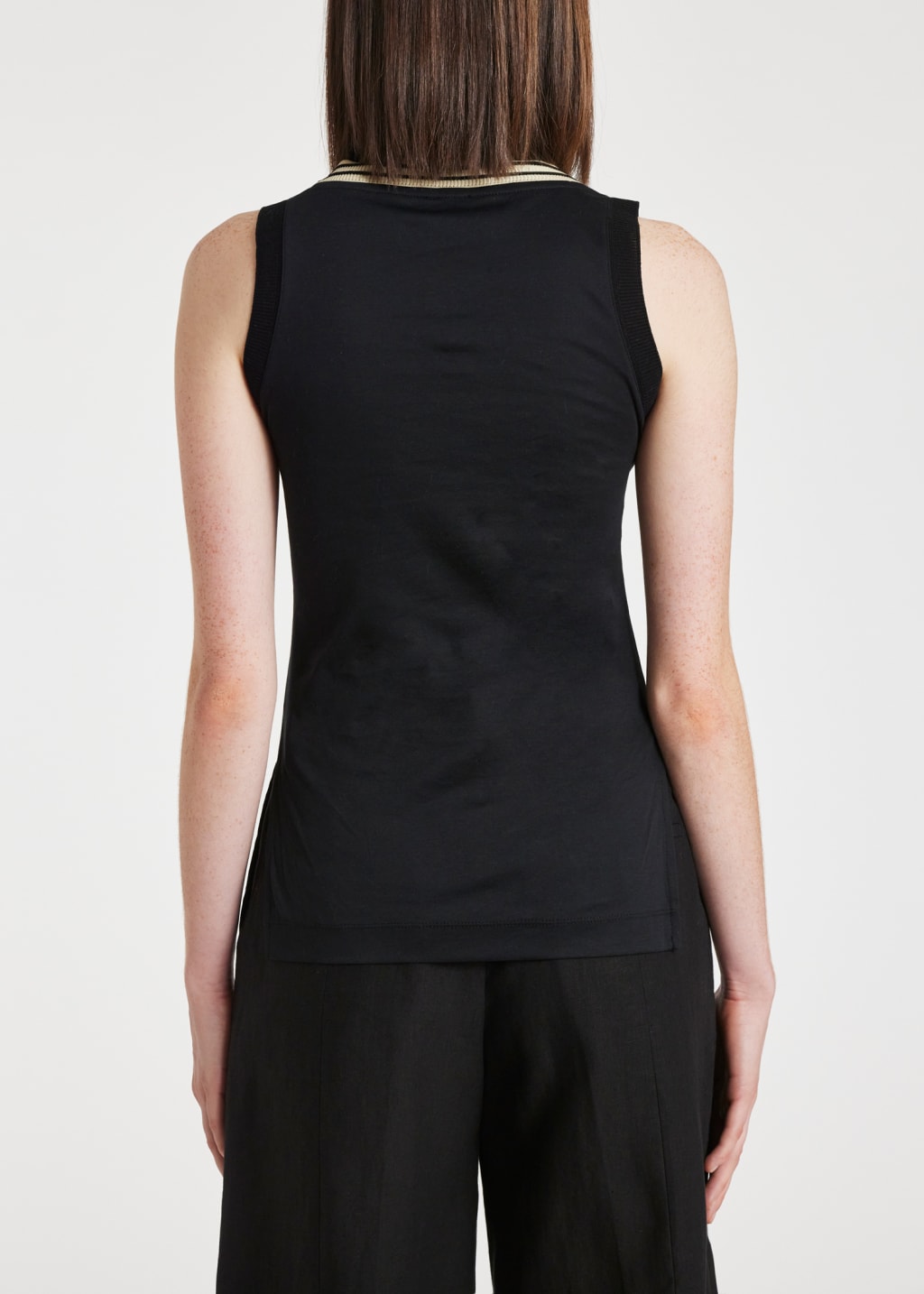 Model View - Women's Black Cotton Stripe Trim Vest Paul Smith