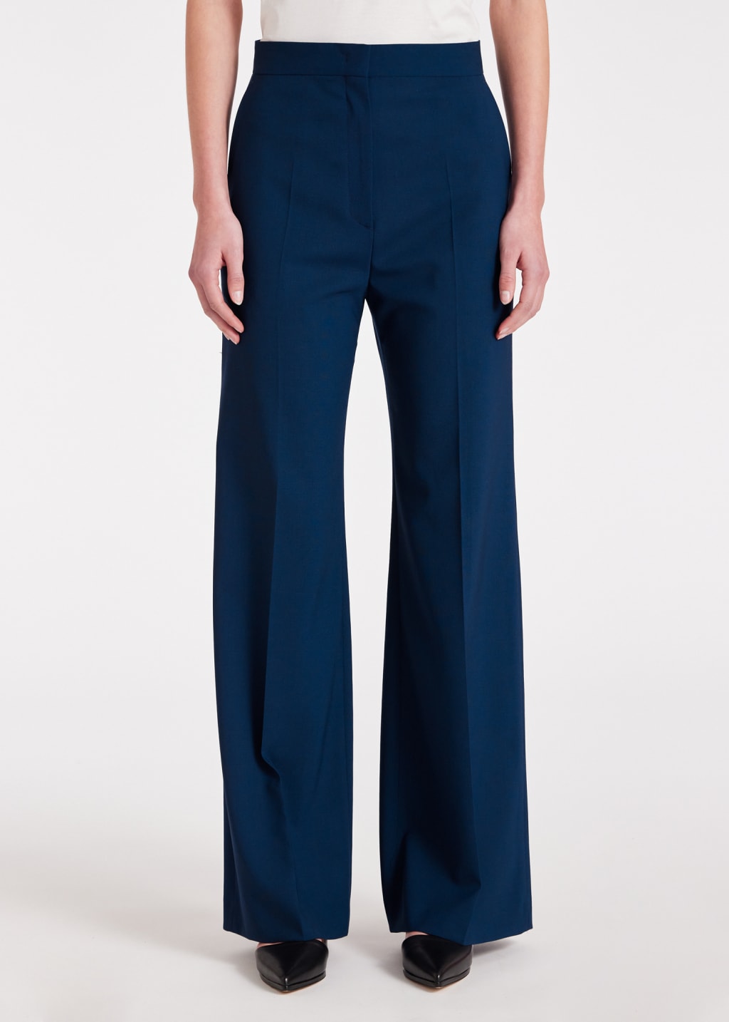 Model View - Women's Navy Wool-Hopsack Wide Leg Trousers by Paul Smith