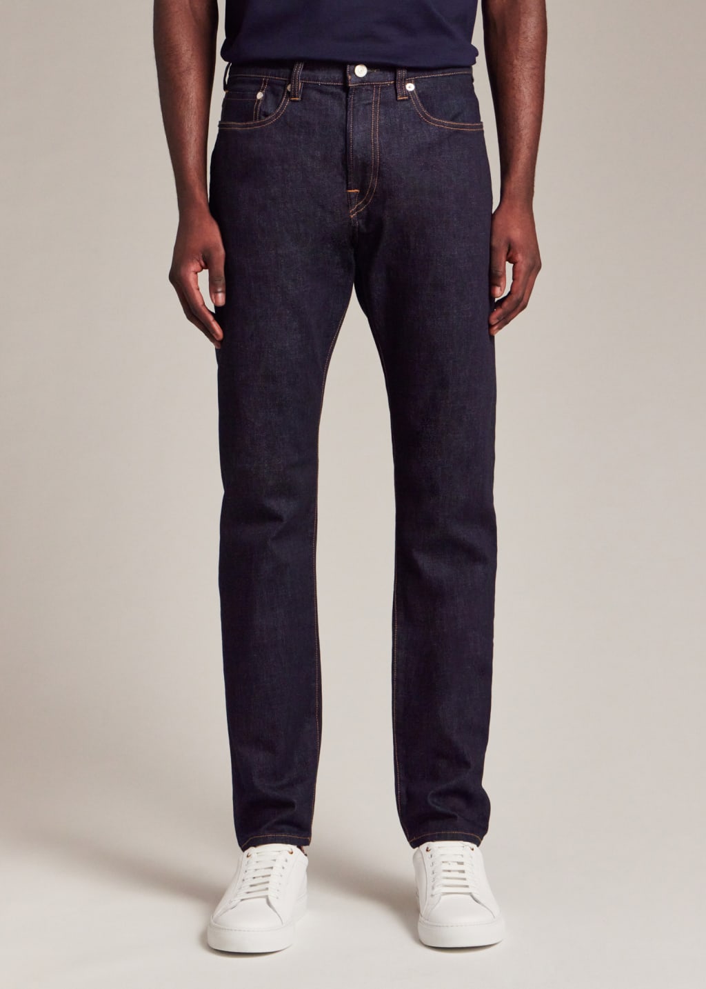 Model View - Tapered-Fit Indigo-Rinse 'Crosshatch Stretch' Jeans Paul Smith