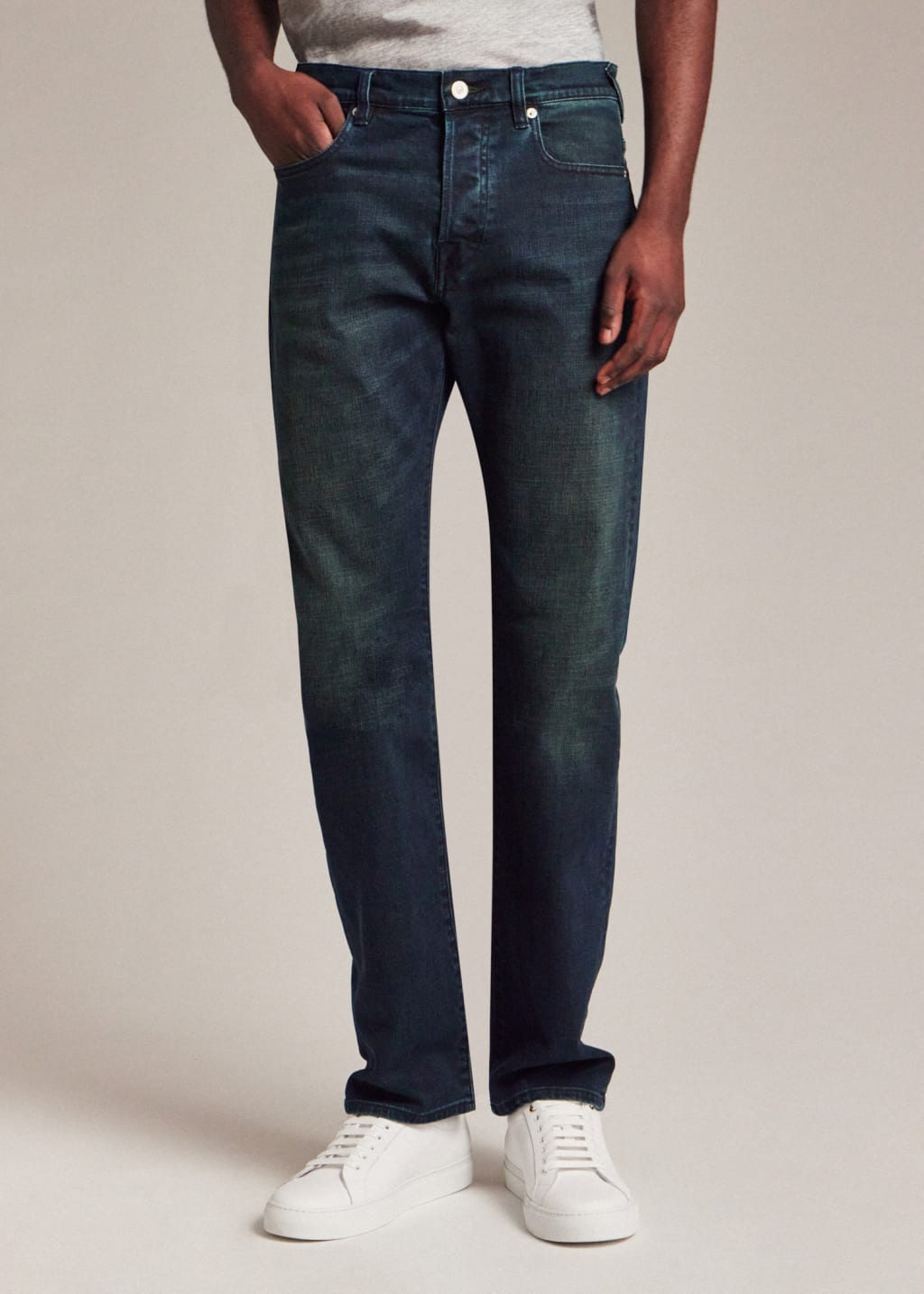 Model Wears - Standard-Fit 'Crosshatch Stretch' Blue Over-Dye Jeans Paul Smith