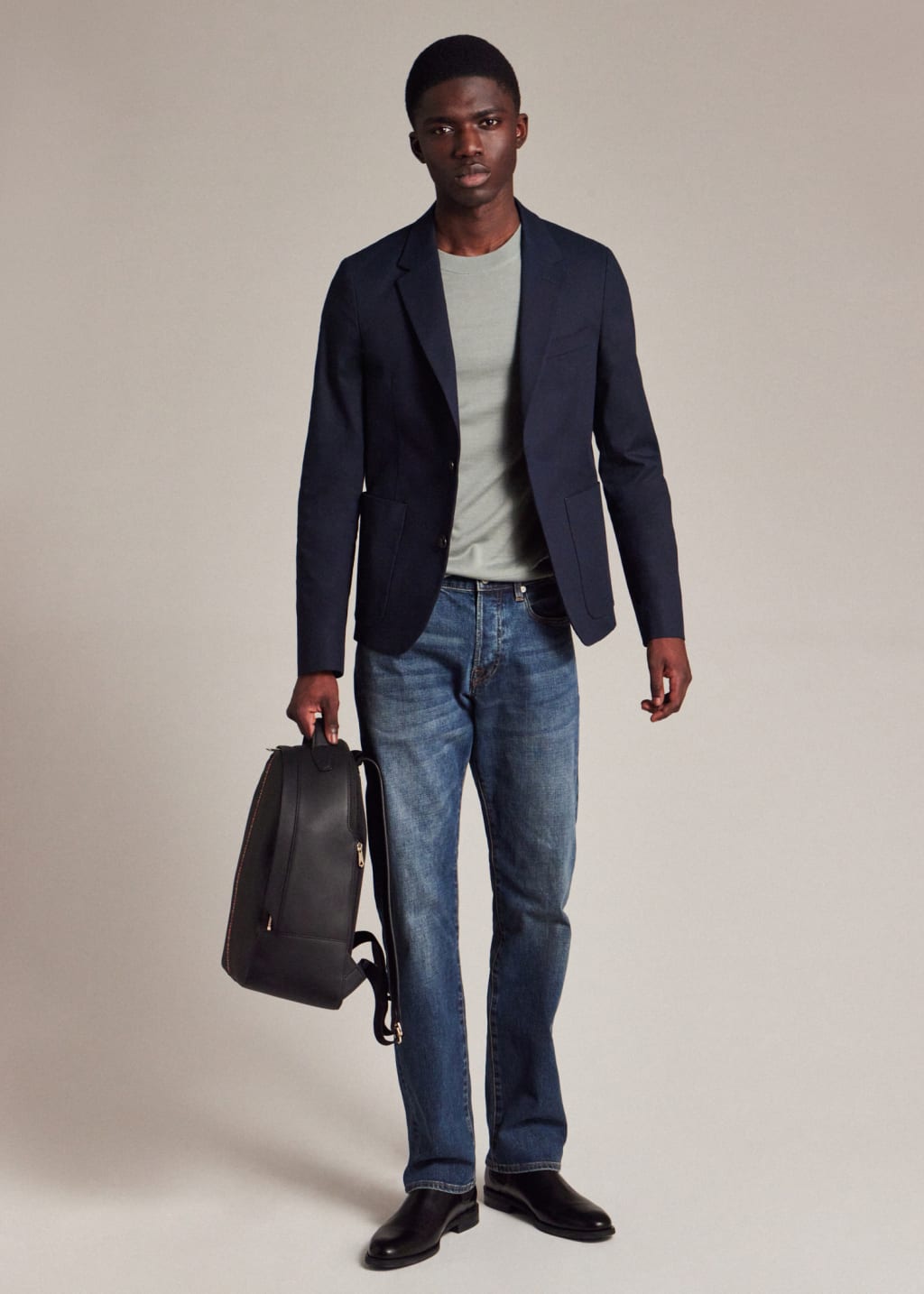 Model View - Standard-Fit 'Crosshatch Stretch' Blue Over-Dye Jeans Paul Smith