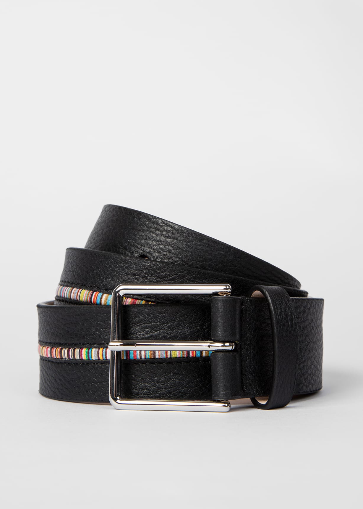 Black Grained Leather 'Signature Stripe' Belt