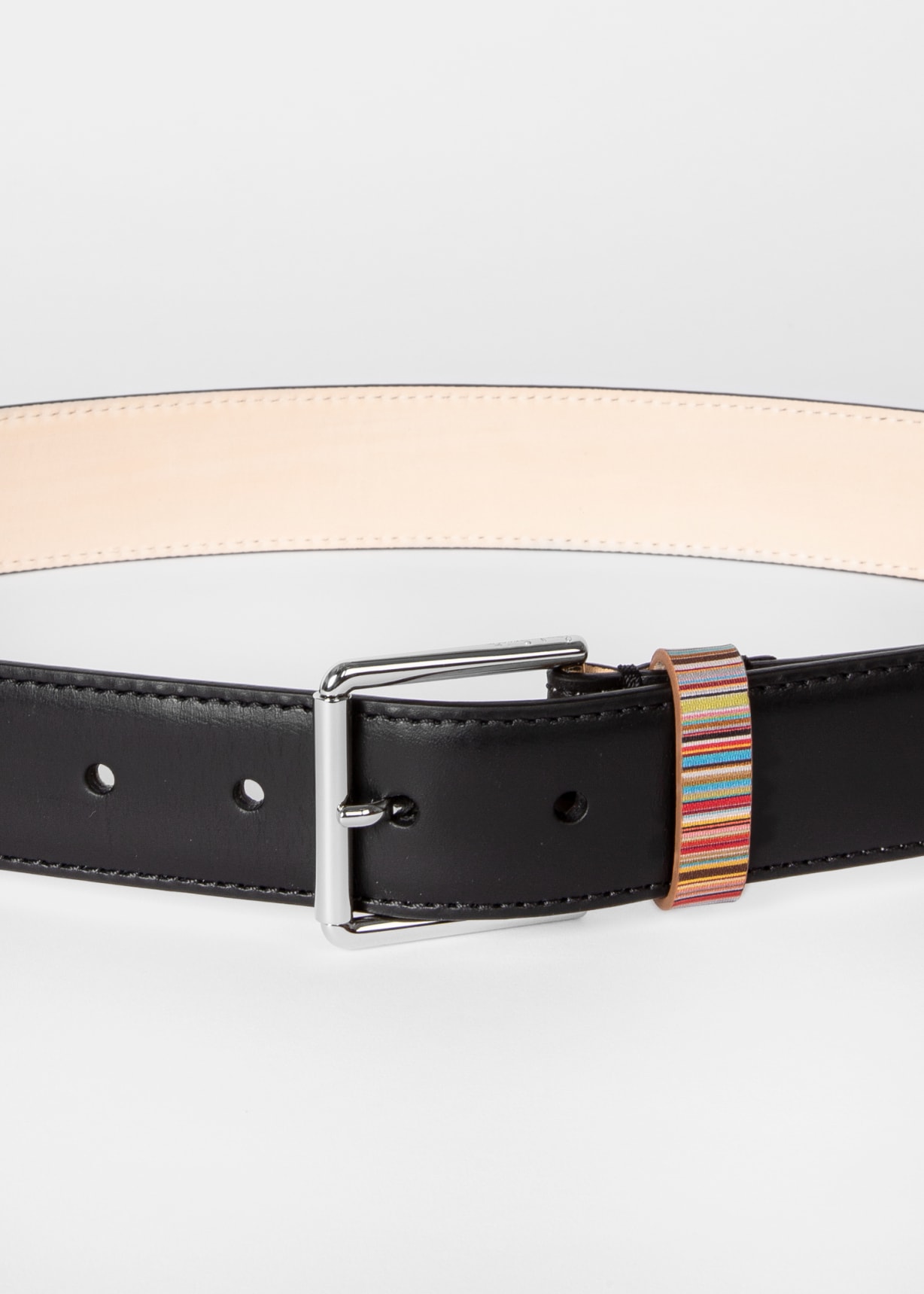 Men's Black Leather Belt With 'Signature Stripe' Keeper