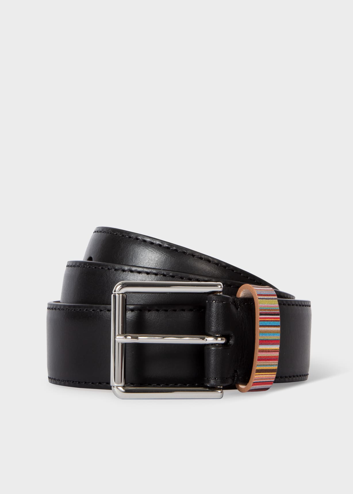 Men's Black Leather Belt With 'Signature Stripe' Keeper