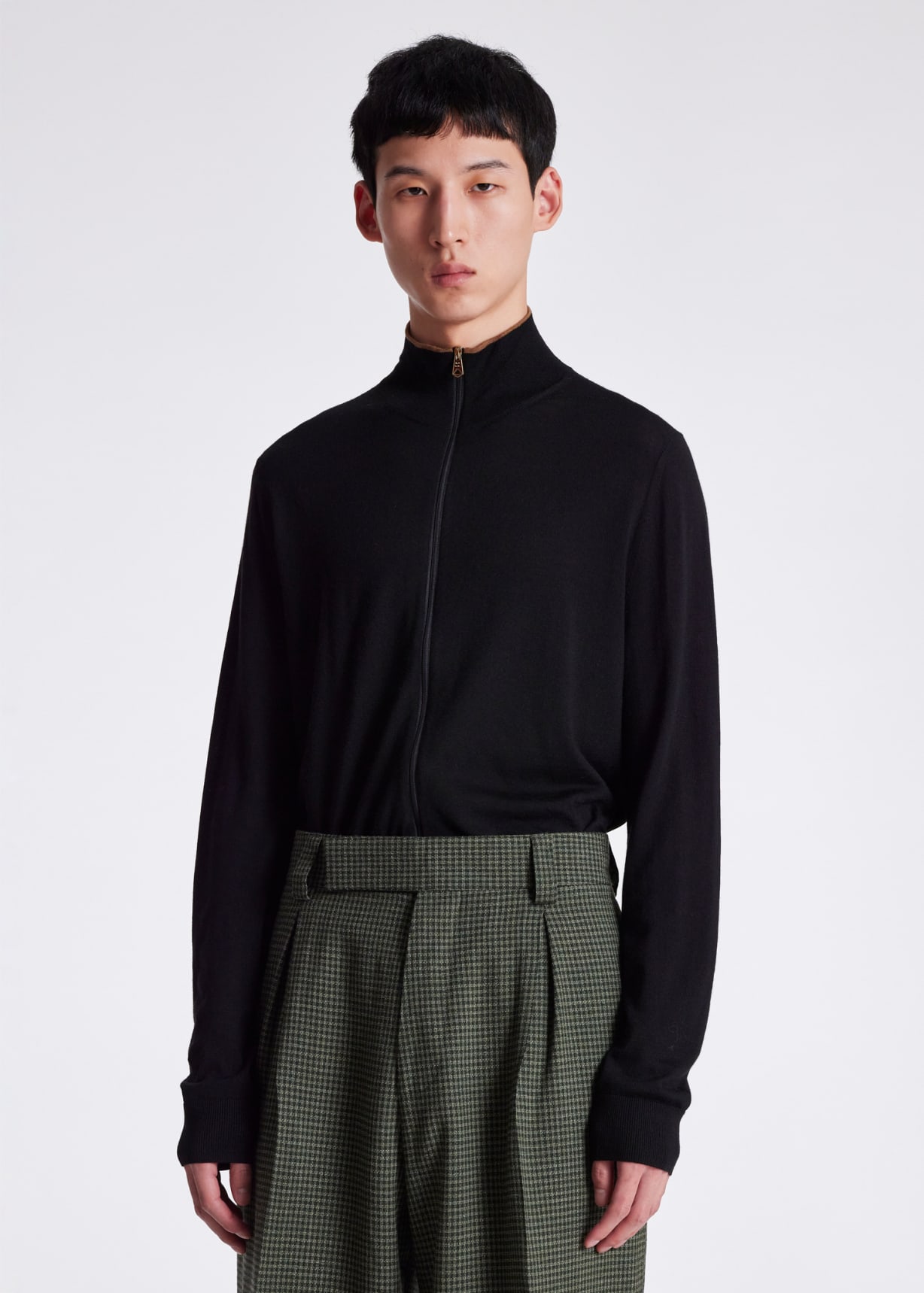 Model View- Black Merino Wool Zip Cardigan Paul Smith