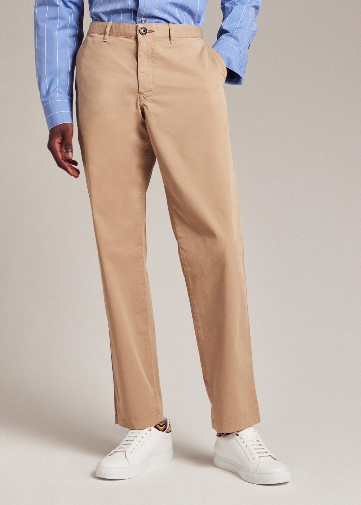 Model View - Tapered-Fit Tan Pima Stretch-Cotton Chinos Paul Smith