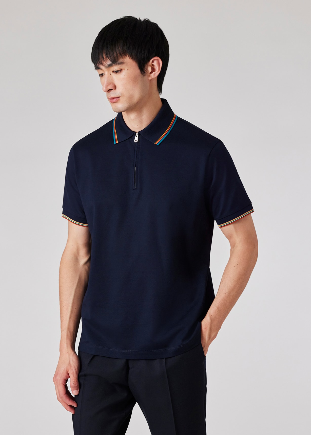 Men's Navy Cotton Stripe Trim Polo Shirt