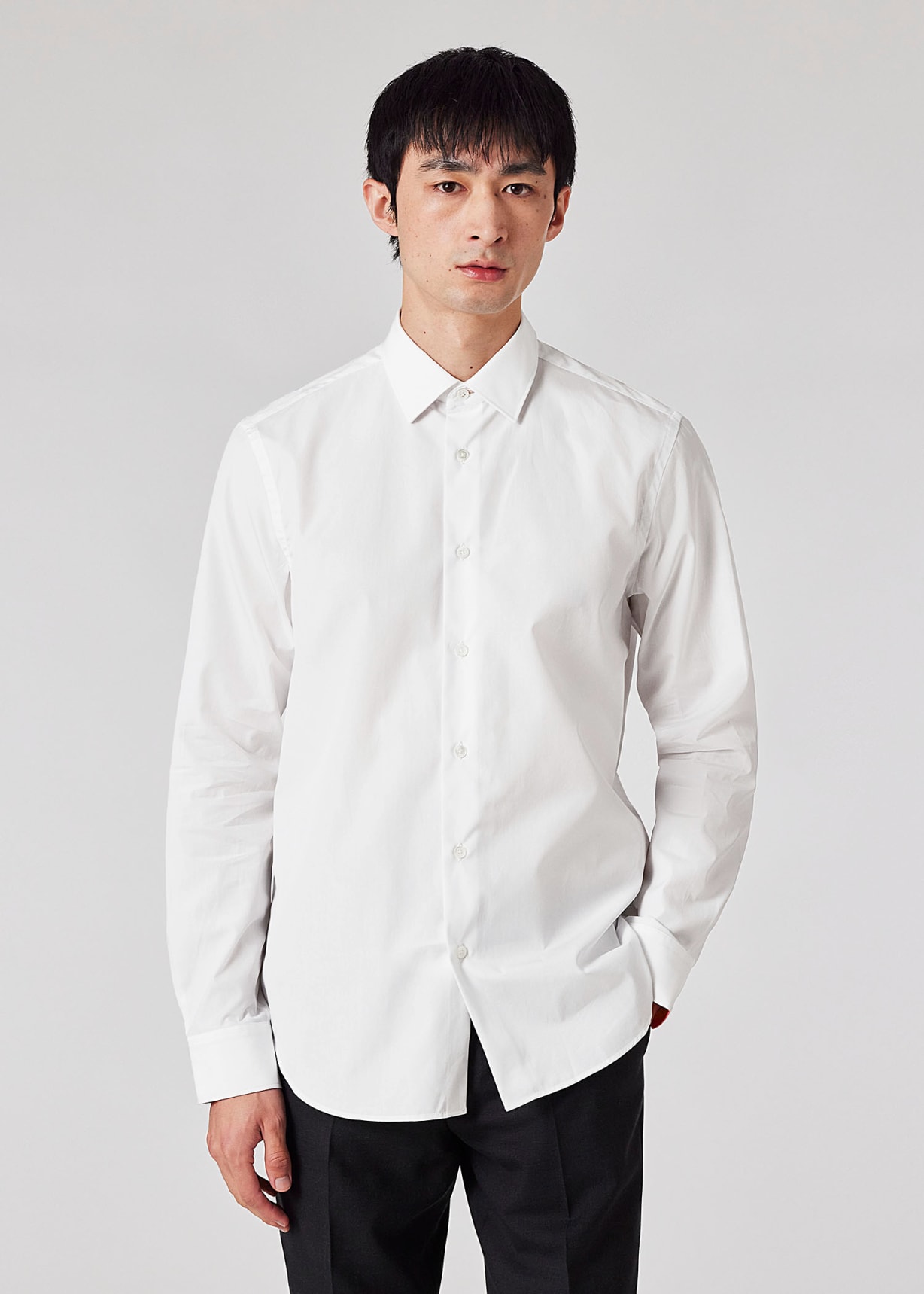 Model View - Slim-Fit White Poplin Cotton Shirt With 'Artist Stripe' Cuff Lining Paul Smith