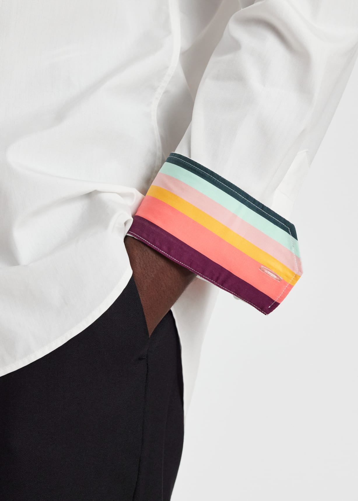 Model View - Slim-Fit White Poplin Cotton Shirt With 'Artist Stripe' Cuff Lining Paul Smith