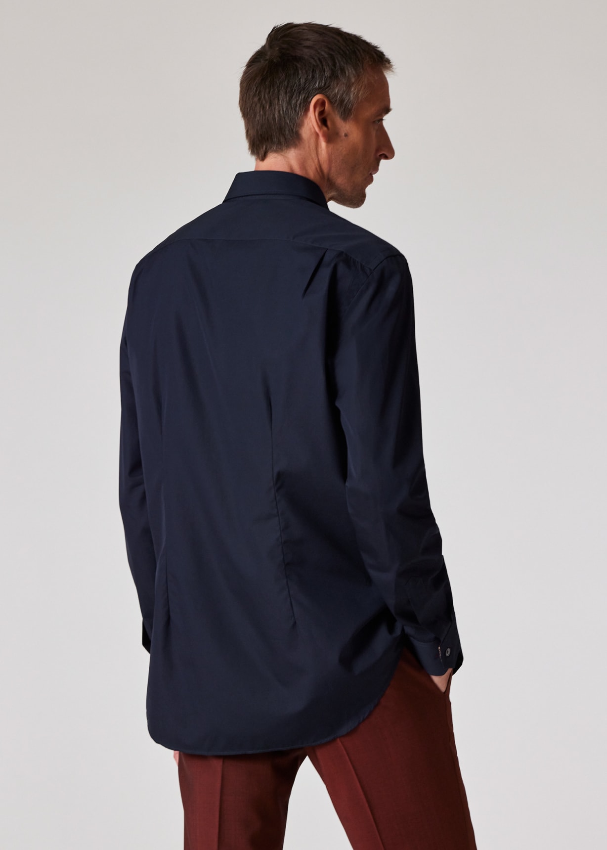 Model View - Men's Tailored-Fit Navy Cotton 'Signature Stripe' Cuff Shirt by Paul Smith