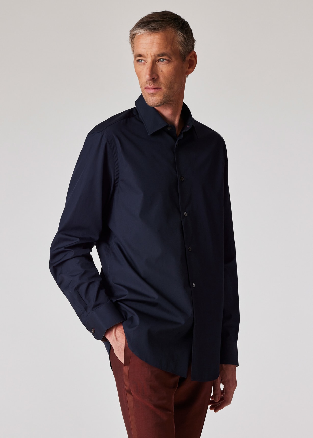 Model View - Men's Tailored-Fit Navy Cotton 'Signature Stripe' Cuff Shirt by Paul Smith