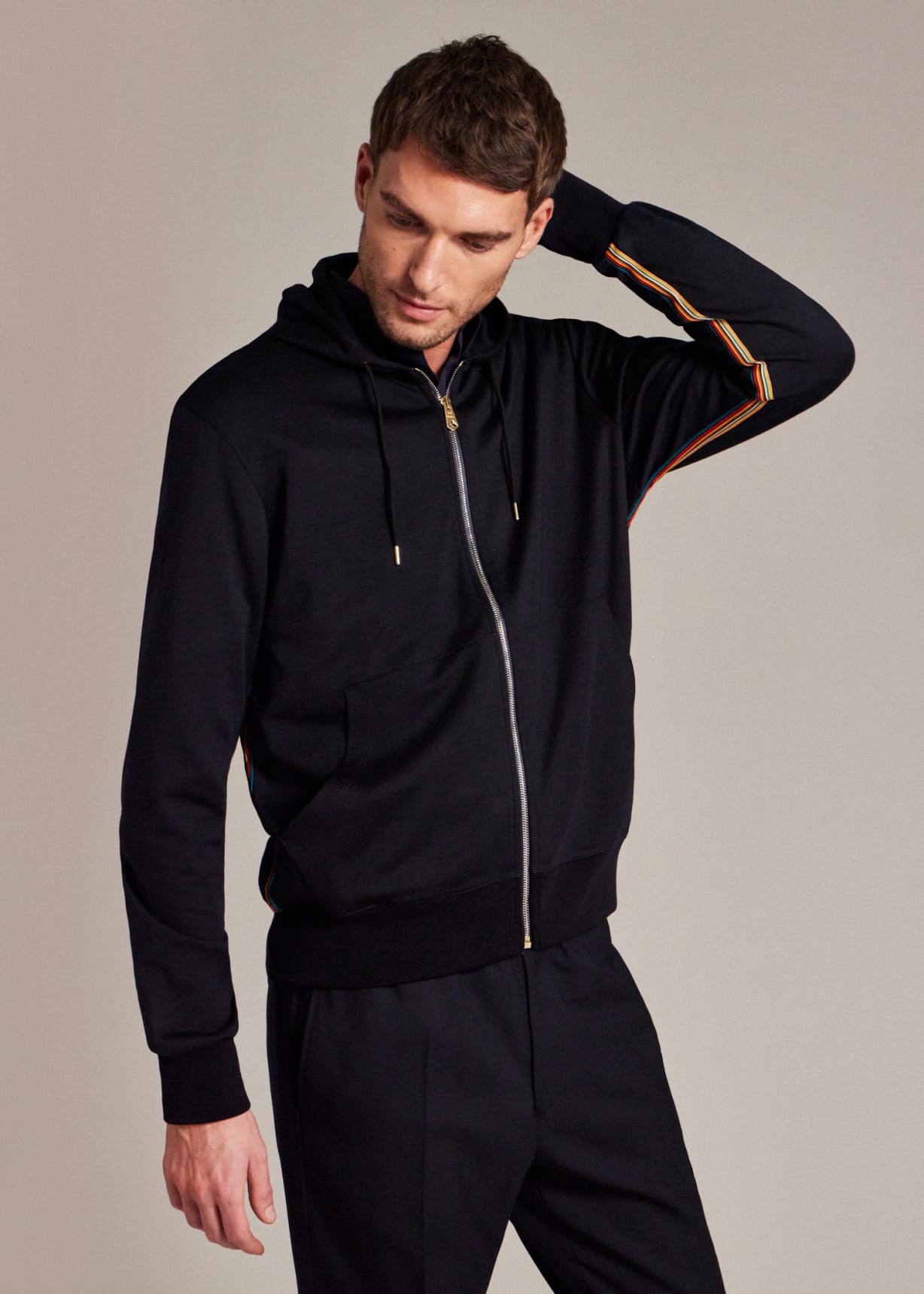 Men's Navy Zip-Front Washable Wool 'Signature Stripe' Hoodie