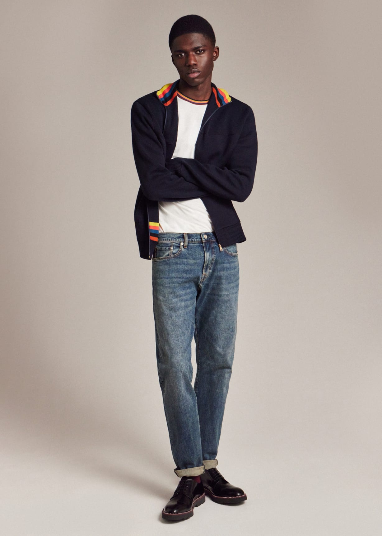 Model view - White 'Artist Stripe' Collar Cotton T-Shirt Paul Smith