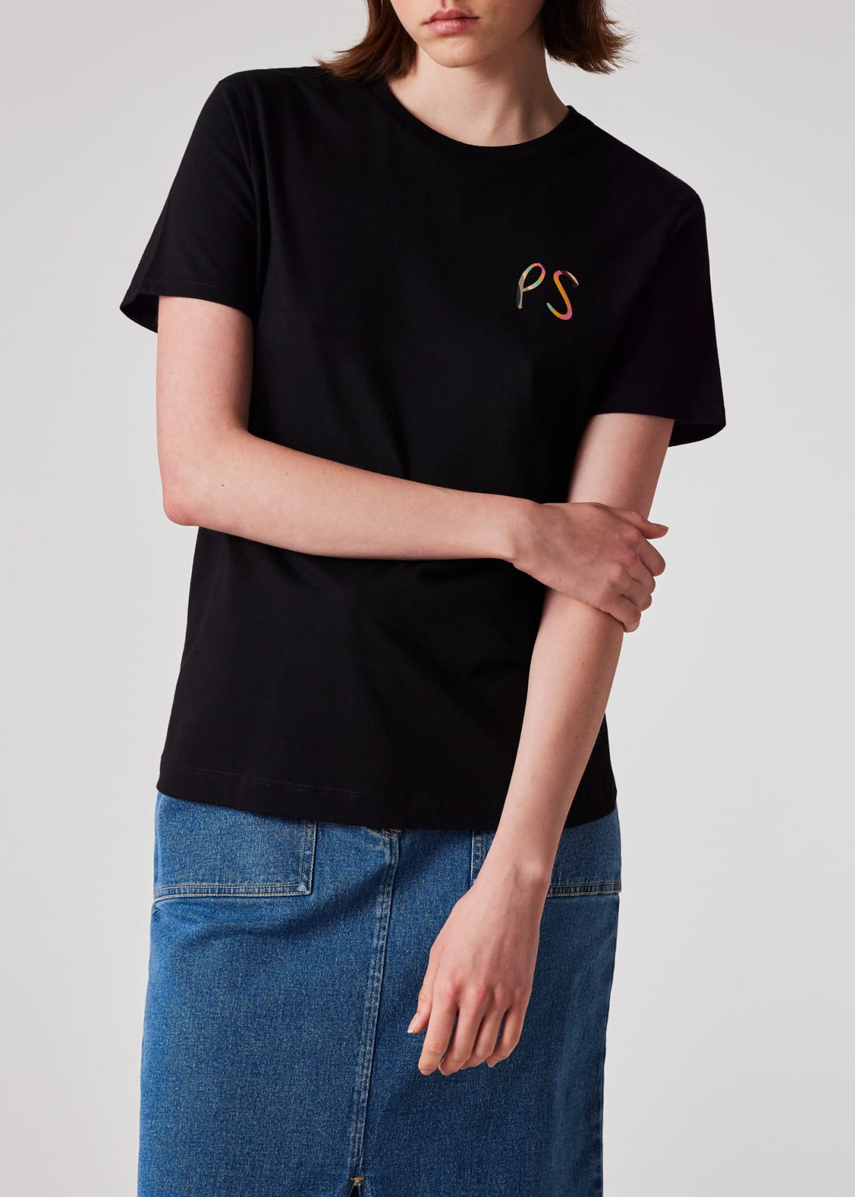 Model View - Women's Black 'Swirl' PS Logo T-Shirt Paul Smith