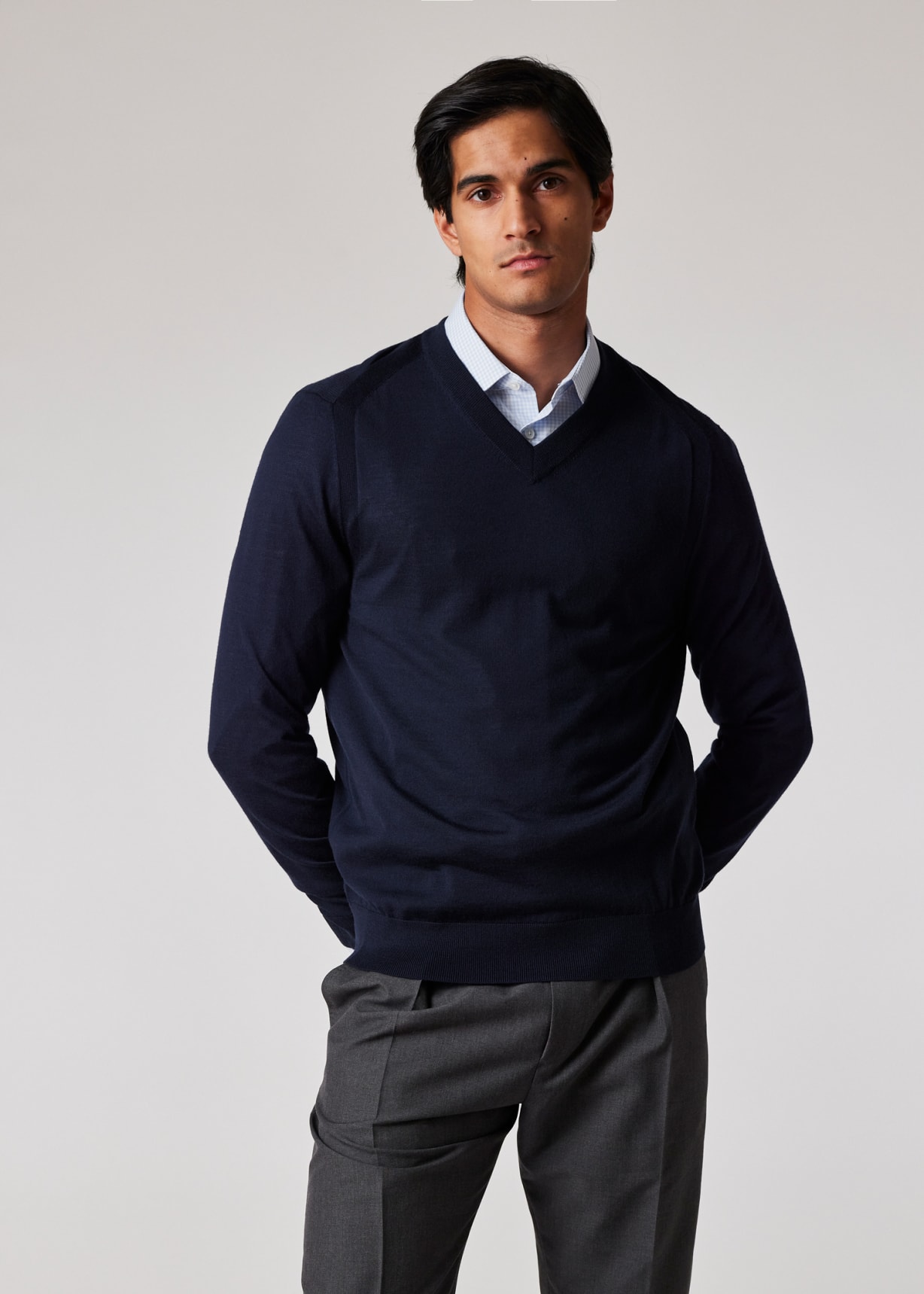 Model View - Navy Merino V-Neck Sweater by Paul Smith