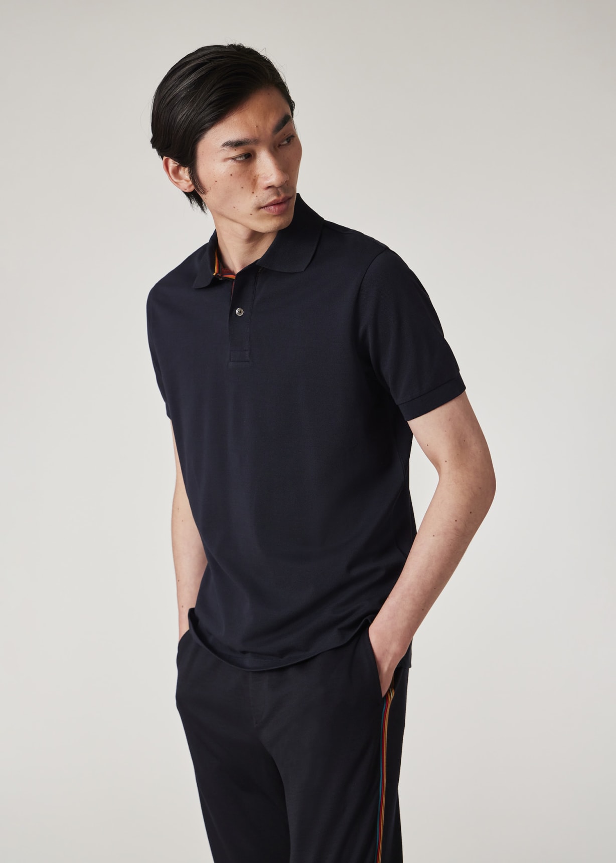 Model View - Navy Cotton 'Artist Stripe' Placket Polo Shirt Paul Smith