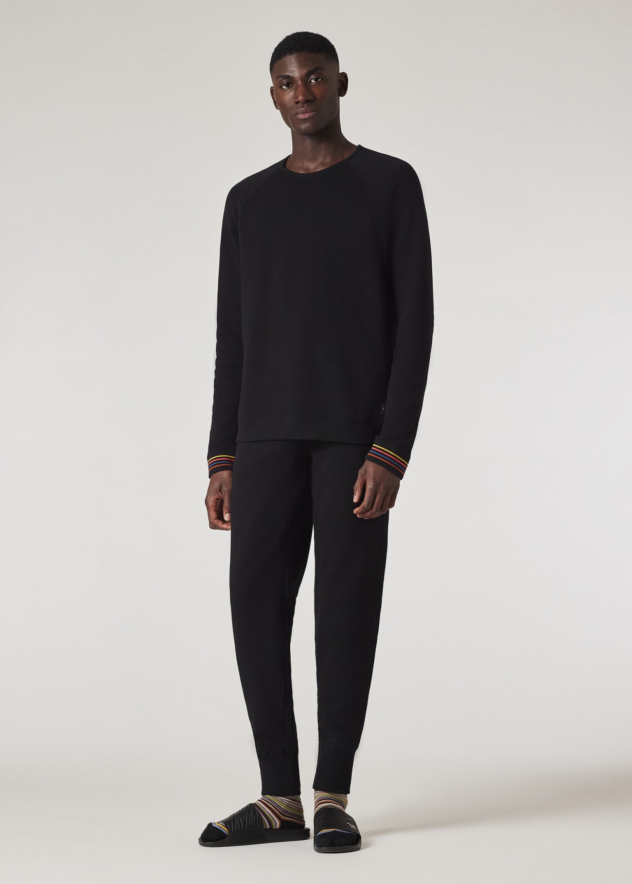 Model View - Men's Black Cotton 'Artist Stripe' Loungewear Set