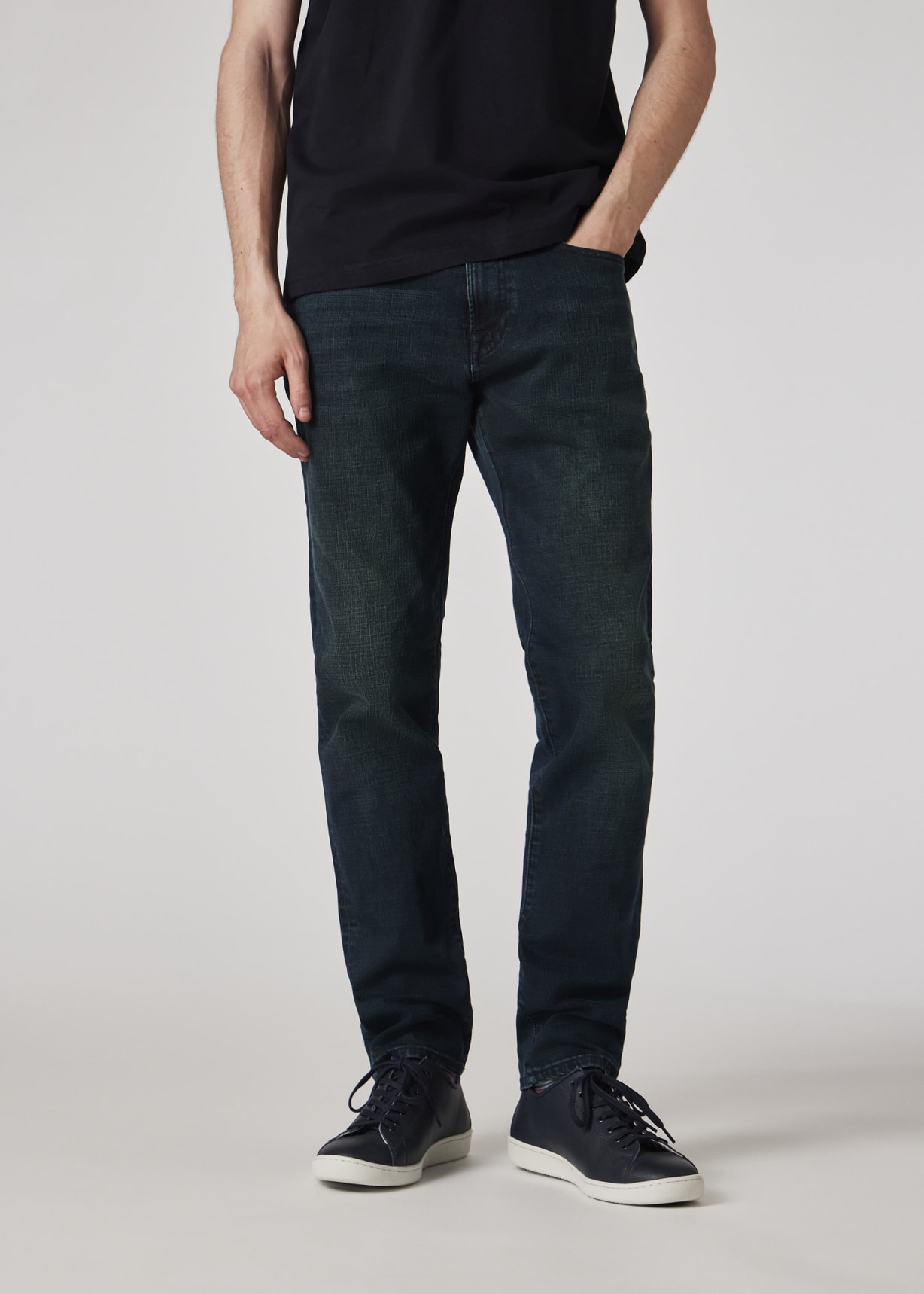 Model View - Slim-Standard Navy-Wash 'Crosshatch Stretch' Jeans Paul Smith