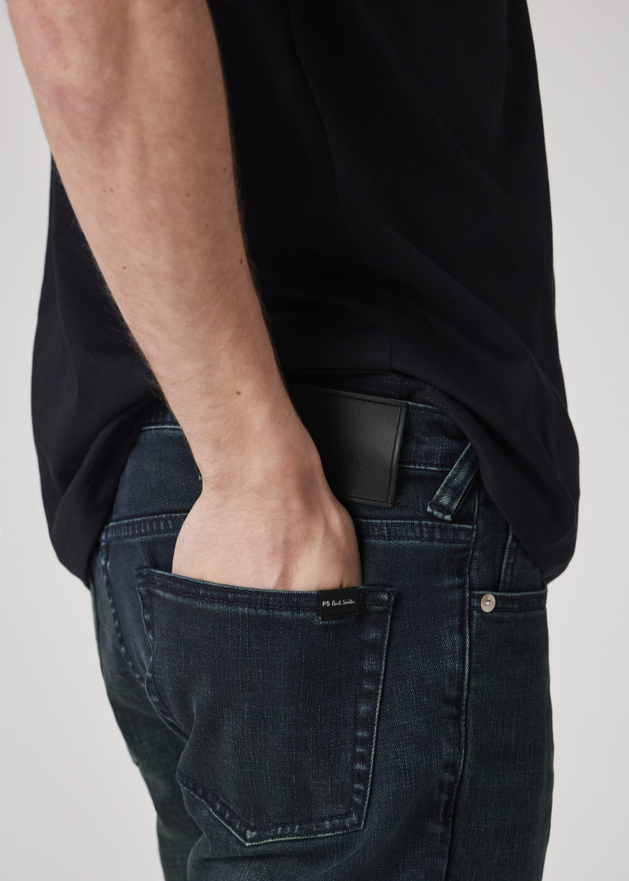 Model View - Slim-Standard Navy-Wash 'Crosshatch Stretch' Jeans Paul Smith
